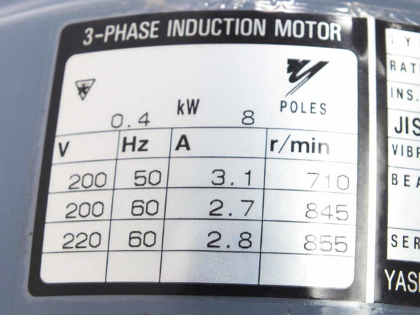 Yaskawa FELQ-5 rating plate showing 3-Phase Induction Motor, 0.4kW, 8 poles, voltage/Hz/amps/RPM table: 200V/50Hz/3.1A/710rpm, 200V/60Hz/2.7A/845rpm, 220V/60Hz/2.8A/855rpm