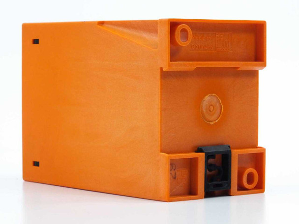 IFM Electronic VS 0200 SY 0101 flow controller – rear and bottom view showing orange enclosure, DIN rail clip mount, and side vents
