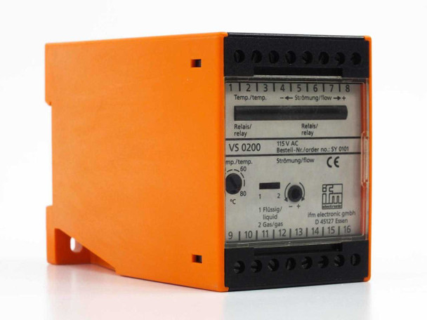 IFM Electronic VS 0200 SY 0101 flow controller – left-side angle view showing orange DIN rail housing, top screw terminal block pins 1–8, and front label with relay and flow wiring diagram
