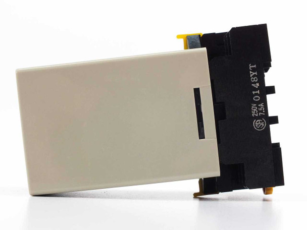 Omron 61F-IPD Floatless Level Switch – side view showing DIN rail socket base profile and yellow terminal retainer clip