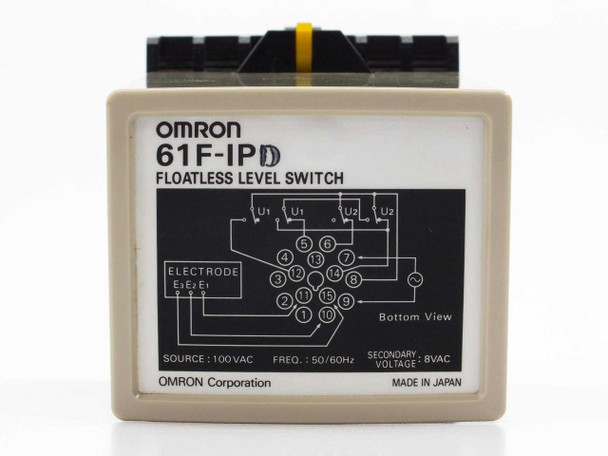 Omron 61F-IPD Floatless Level Switch Controller – front panel showing wiring diagram, electrode terminals E1 E2 E3, 100VAC source and 8VAC secondary voltage labels