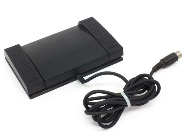 Sanyo FS-55 dictation foot pedal – angled side view showing low-profile body and attached cable with DIN plug