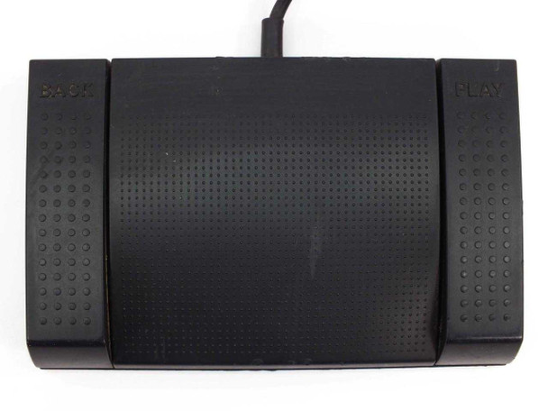 Sanyo FS-55 pedal – front-facing view showing BACK (left) and PLAY (right) labeled foot switches