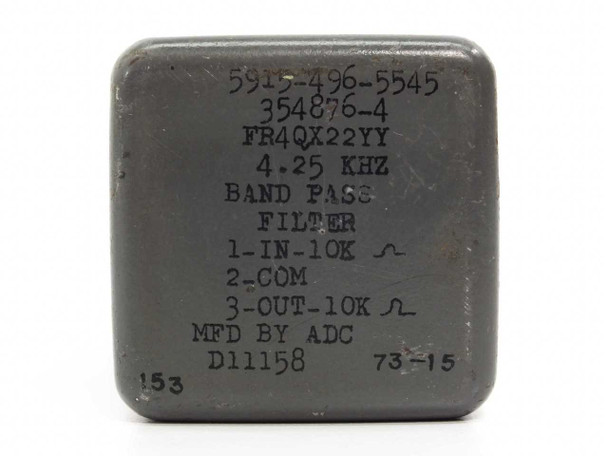 ADC FR4QX22YY Band Pass Filter — face label close-up showing 394876-4, FR4QX22YY, 4.25 KHz, terminal designations 1-IN, 2-COM, 3-OUT, and date code 73-15
