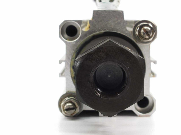SMC pneumatic cylinder assembly — end view of rod end showing hex rod coupling and mounting hardware