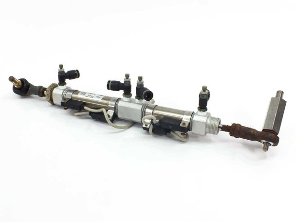 SMC CDM2B20-50+30-H pneumatic cylinder full assembly view showing rod ends and push-in fittings on white background