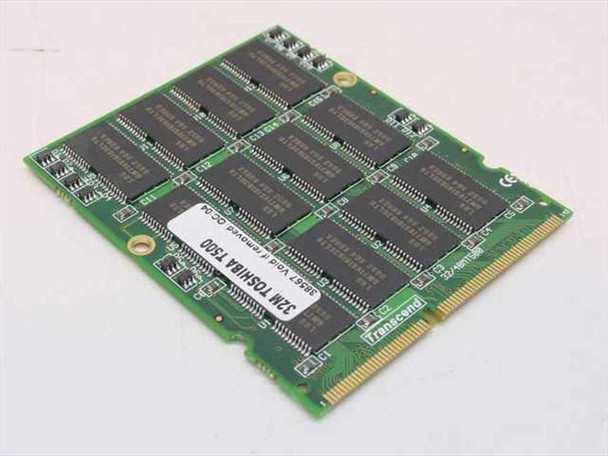 Transcend 32-1BM 32MB SO-DIMM laptop memory module – top view showing memory chips and Transcend label with QC sticker reading 32M Toshiba T500