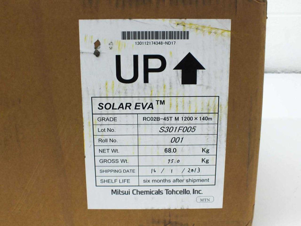 Close-up of shipping label showing SOLAR EVA grade RC02B-45T M 1200x140m, lot S301F005, roll 001, net weight 68kg, Mitsui Chemicals Tohcello