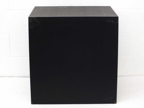 Aerofeed silk screen storage cabinet side view showing black powder-coat exterior and minor corner wear