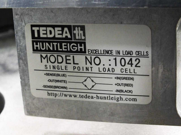 Tedea Huntleigh Model 1042 Single Point Load Cell label showing wiring color codes and manufacturer branding