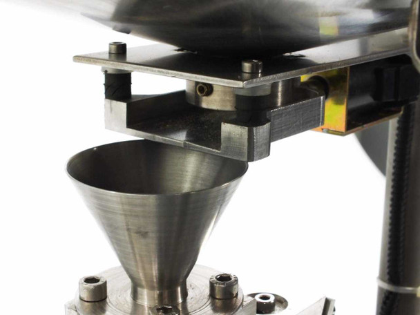 Stainless steel conical discharge funnel below the hopper outlet showing lower port and mounting hardware