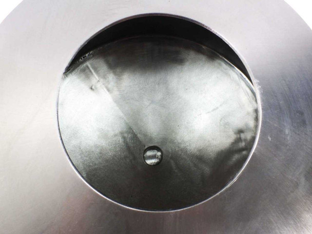 Interior bottom view of stainless steel hopper bowl showing domed bottom and central discharge point