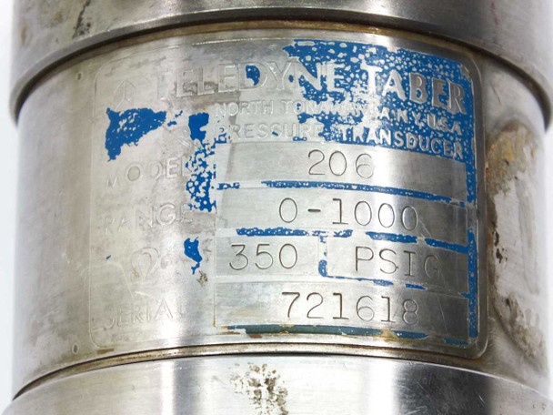 Teledyne Taber 206 Pressure Transducer – close-up of data label reading Model 206, Range 0-1000, 350 PSIG, Serial 721618, North Tonawanda NY USA