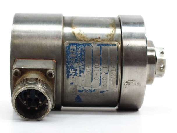 Teledyne Taber 206 Pressure Transducer – angled side view showing MIL-spec 7-pin circular connector detail and partial blue data label with 0-1000 PSIG and 350 ohm markings