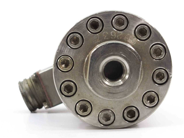 Teledyne Taber 176-SA pressure port face showing threaded port and 12-bolt flange with serial number 582637