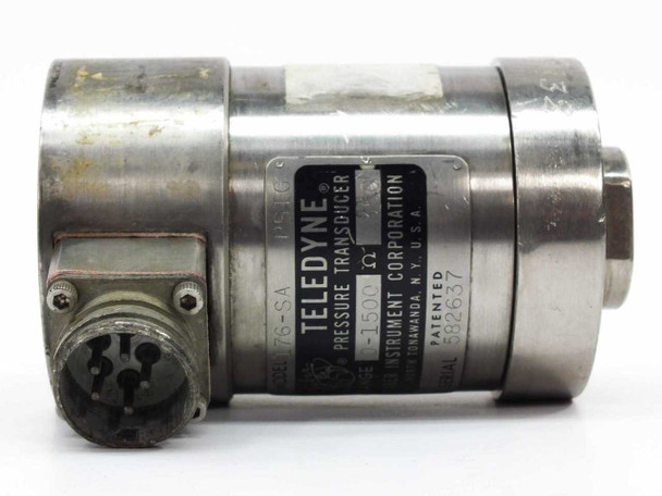 Teledyne Taber 176-SA pressure transducer angled view showing label, multi-pin connector, and stainless body