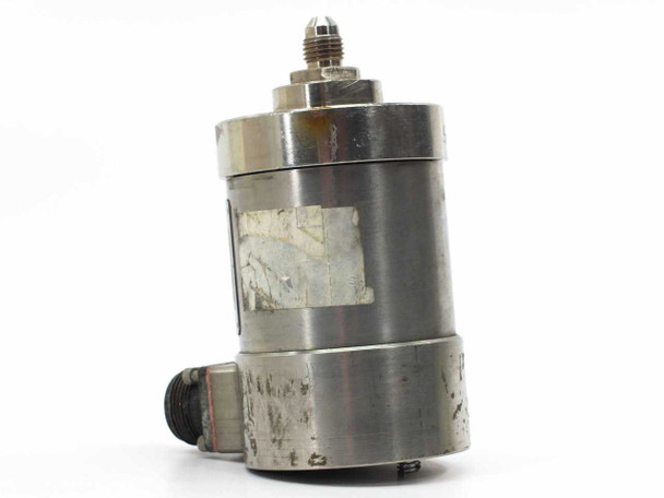 Teledyne Taber 176-SA pressure transducer side view showing stainless cylindrical body and worn label remnants