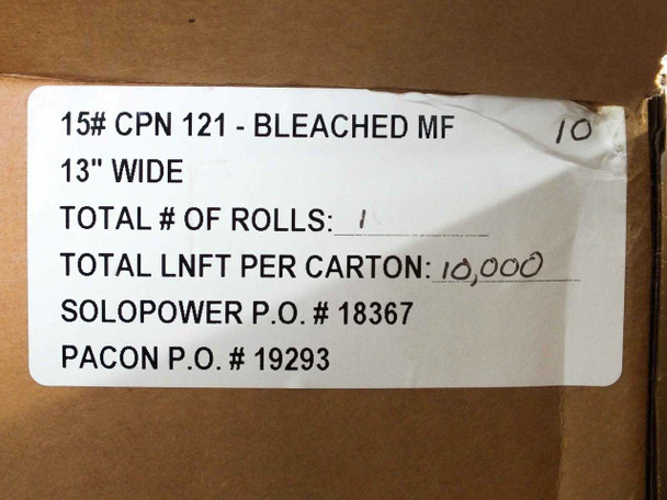 Pacon 900021-001 box label showing CPN 121 Bleached MF 13 inch wide 10000 linear feet 1 roll SoloPower PO 18367