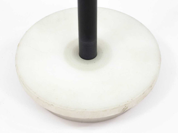Close-up of white plastic two-tier base of CD DVD spindle post showing upper 5-inch diameter platform and lower smaller base