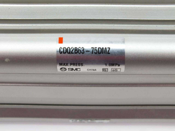 SMC CDQ2B63-75DMZ cylinder label showing model CDQ2B63-75DMZ, max pressure 1.0MPa, SMC brand, made in China
