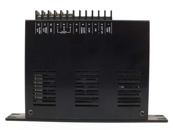 Vexta FBLD40A Brushless DC Motor Driver – rear view showing 12-terminal I/O screw block with labeled terminals including INPUT, EXT-IN, COM, CW, DOWN, SLOW, H, I/O, GND, REQ, ALARM, and OUT