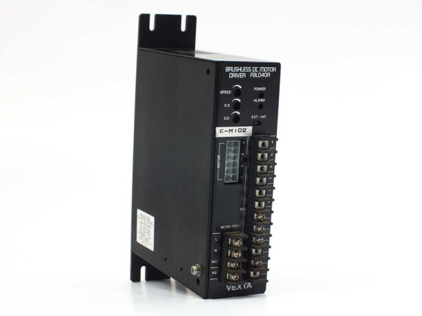Vexta FBLD40A Brushless DC Motor Driver – angled front-left view showing Speed, S.S., S.D. trimpots, Power and Alarm LEDs, EXT-INT switch, motor connector, and I/O terminal block with AC100-115V marking
