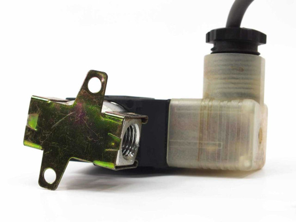 SMC VX2130M solenoid valve side view showing 1/4 FNPT port and mounting bracket
