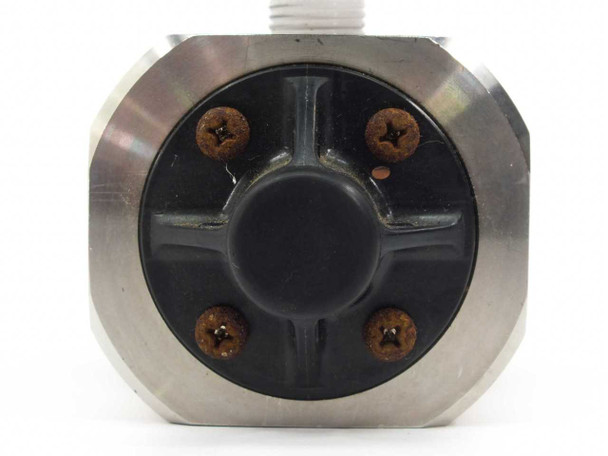 SMC SRH4100-03 – outlet port end view showing stainless steel hex face with four mounting screws and center plug
