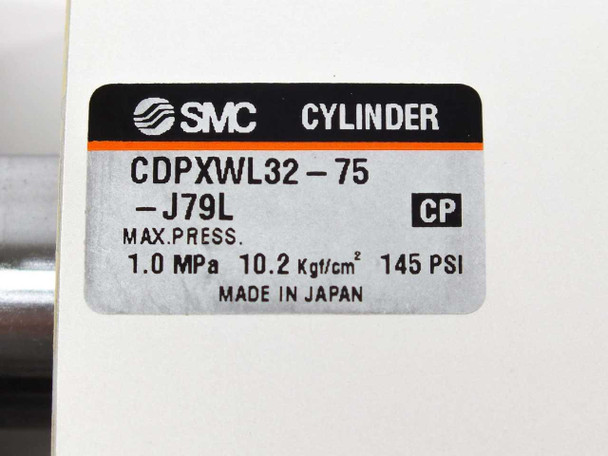 SMC CDPXWL32-75-J79L label showing model number, CP code, max pressure 1.0 MPa 145 PSI, and Made in Japan