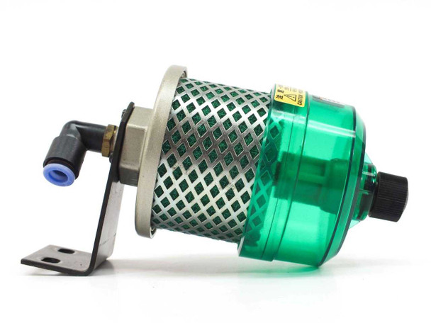 SMC AMC320-02B exhaust cleaner full assembly with mounting bracket, green filter housing, and push-in fittings – angled view