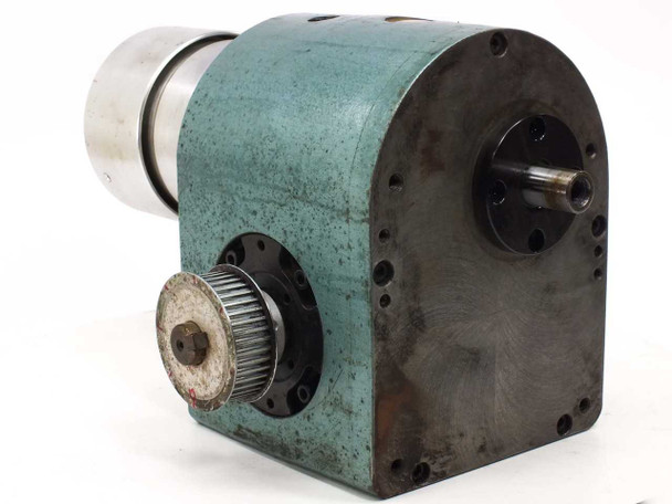 1018 BU-2AA-008-P01-0 Rotary Indexing Drive — left-rear view showing teal cast housing, timing pulley input shaft, and opposite output shaft