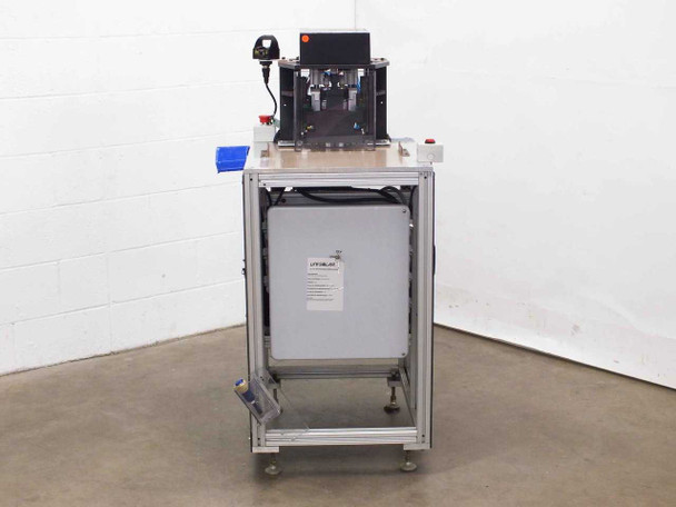 Misco MX1-710-000-2 plastic sheet mill punch system – front view on aluminum extrusion frame with casters, punch head assembly on top