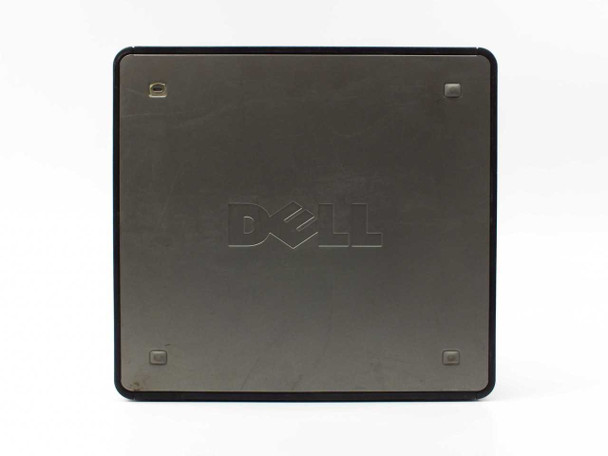 Dell OptiPlex 755 SFF top panel view showing embossed Dell logo on silver metal side cover