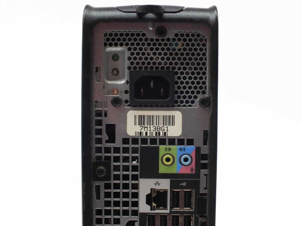 Dell OptiPlex 755 SFF rear panel view showing IEC power inlet, barcode label, audio jacks, and ventilation grille