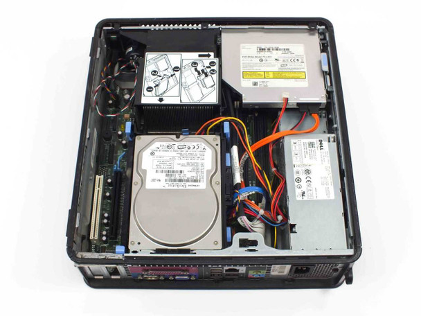 Dell OptiPlex 755 SFF interior view with side panel removed showing HDD, DVD-RW drive, RAM slots, expansion slots, and Dell PSU