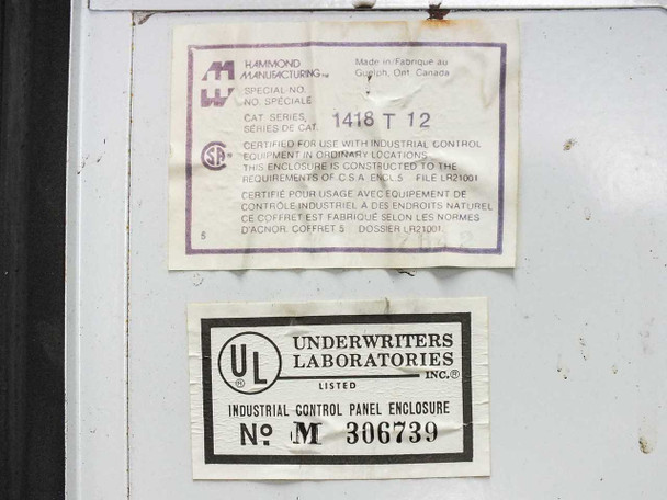 Hammond Manufacturing 1418 T12 label showing Cat Series and CSA certification, with UL Listed Industrial Control Panel Enclosure label No M 306739 below