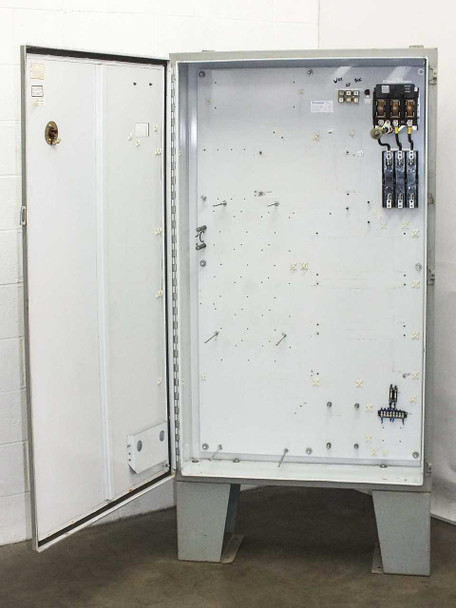 Hammond 1418 T12 enclosure interior – door open showing large white backplate with mounting knockouts, 3-pole disconnect assembly upper right, terminal block lower right
