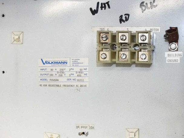 Volkmann 70545AA label and terminal block – 40 KVA Adjustable Frequency AC Drive label: Input 80A 230V 3PH 60Hz, Output 100A 0-230/0-400V 3PH 600Hz; TRS motor and building ground terminal block