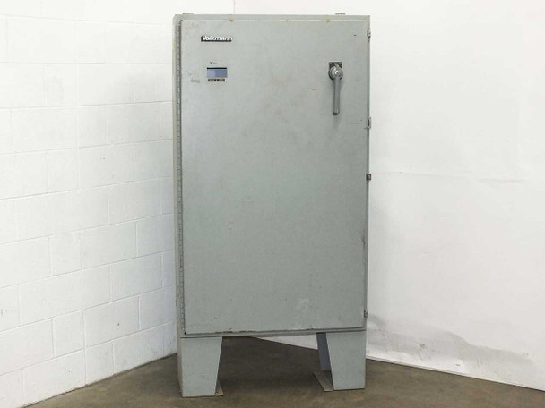 Hammond 1418 T12 Type 12 industrial control panel enclosure – front exterior view, door closed, Allen-Bradley operator handle on right, gray painted steel, on integral floor legs
