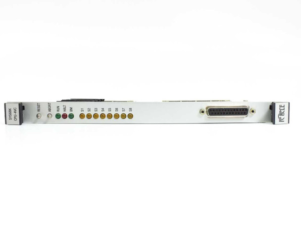 Force Computers SYS68K/CPU-4VC front panel view showing status LEDs, RESET button, and DB25 connector with Force logo