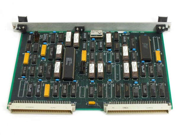Hughes 7742917 VME Board Card — reverse component side showing DIP ICs, connectors, and rear edge VME backplane connectors