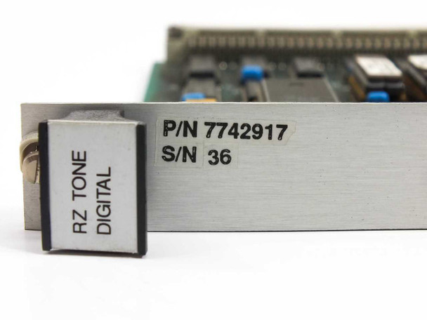 Hughes 7742917 VME card faceplate close-up showing P/N 7742917, S/N 36, and RZ Tone Digital label
