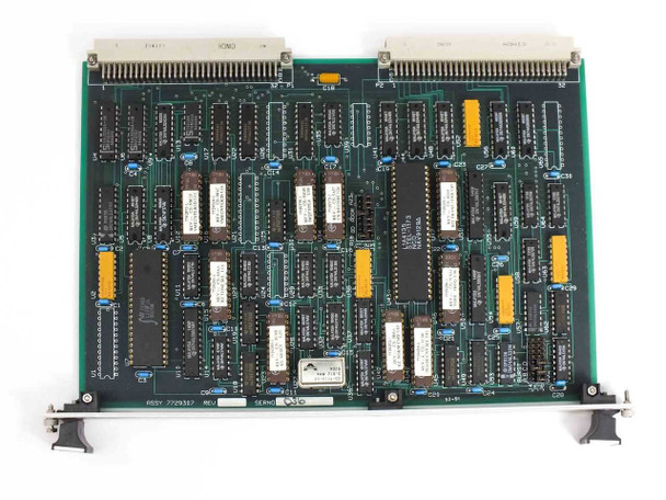Hughes 7729307-099 VME board card — full top view of PCB showing populated ICs, DIP packages, and VME edge connectors