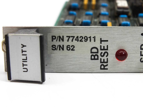 Hughes 7742911 VME card front panel close-up showing P/N 7742911 label, S/N 62, BD RESET button and red LED indicator