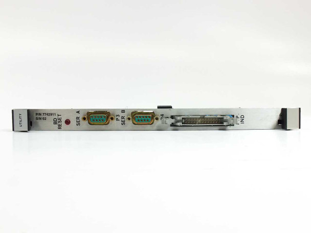 Hughes 7742911 VME board card front panel edge view showing SER A and SER B DB9 serial connectors and parallel I/O connector