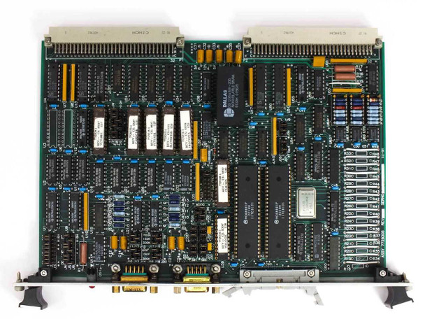 Hughes 7742911 VME utility board card rear component side showing Dallas IC, oscillator, and dual VMEbus P1/P2 edge connectors