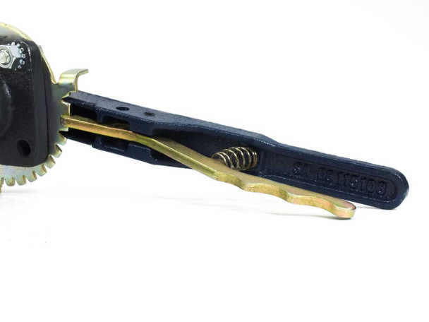 Nibco WD3010 lever lock handle detail – black cast iron handle with brass spring clip and toothed position lock plate