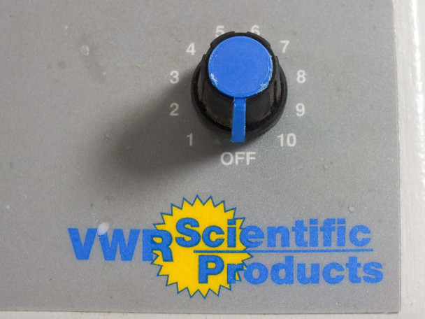 VWR Scientific 315 Stirrer — close-up of blue speed control knob showing OFF-to-10 scale and VWR Scientific Products logo on front panel