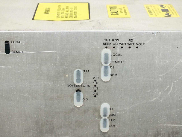 Magnetic Peripherals 94093601 top panel close-up showing configuration switches labeled LOCAL/REMOTE, NO/SECTORS, 1ST R/W, SEEK OC, WRT, RD WRT, VOLT