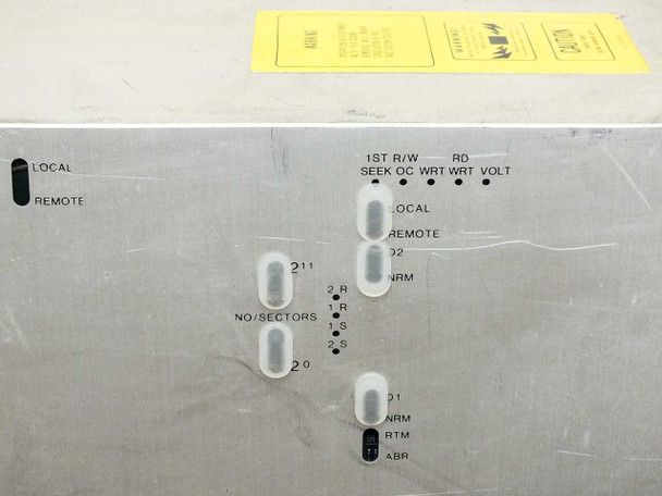 Seagate 94093601 top panel closeup showing LOCAL/REMOTE switch, NO/SECTORS selector, and 1ST R/W, SEEK, OC, WRT, WRT, RD, VOLT indicator LEDs